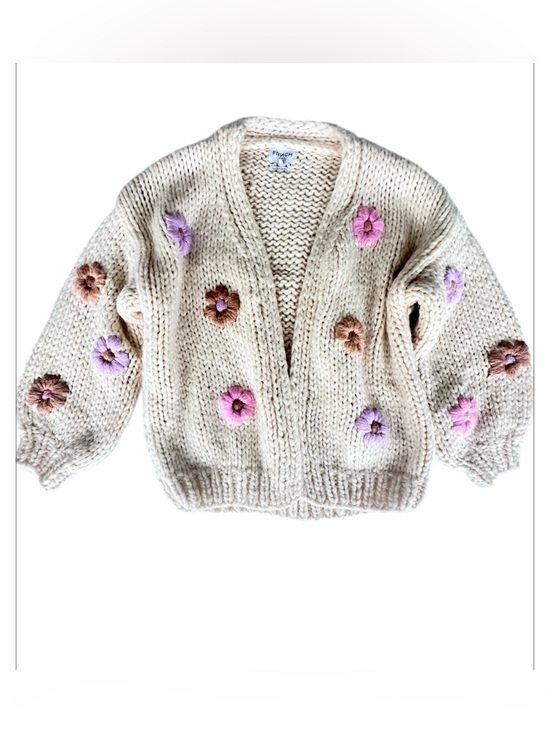 FRNCH Sweaters - FRNCH Cream Chunky Knit Cardigan with Pink, Purple and Brown Flower. Size S/M
